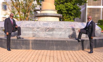 Hon. Justice Dr. Mumba Malila (L) and Hon. Justice Dr. Flavian Zeija enjoy a warm moment at the Makerere@100 Monument on 15th June 2026, Makerere University, Kampala Uganda, East Africa. Courtesy Visit of the Chief Justice of the Republic of Zambia, Hon. Justice Dr. Mumba Malila and the Chief Justice of Uganda, Hon. Justice Dr. Flavian Zeija on sidelines of the African Chief Justices' Forum on Alternative Dispute Resolution (ADR) leadership handover ceremony, 16th June 2026, Makerere University, Kampala Uganda.