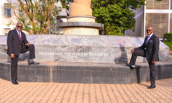 Hon. Justice Dr. Mumba Malila (L) and Hon. Justice Dr. Flavian Zeija enjoy a warm moment at the Makerere@100 Monument on 15th June 2026, Makerere University, Kampala Uganda, East Africa. Courtesy Visit of the Chief Justice of the Republic of Zambia, Hon. Justice Dr. Mumba Malila and the Chief Justice of Uganda, Hon. Justice Dr. Flavian Zeija on sidelines of the African Chief Justices' Forum on Alternative Dispute Resolution (ADR) leadership handover ceremony, 16th June 2026, Makerere University, Kampala Uganda.