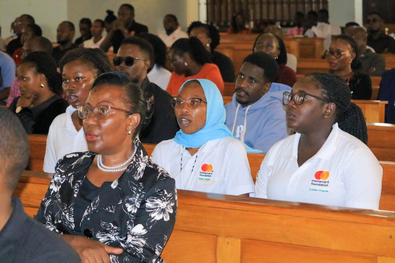 Prof. Gorettie Nabanoga with scholars that attended the Mass. Requiem Mass in respect of Mr. Sylas Ruhweza, the first President of the Mastercard Foundation Scholars Alumni Community at Makerere University, 30th May 2026, St. Augustine Chapel, Kampala Uganda, East Africa.