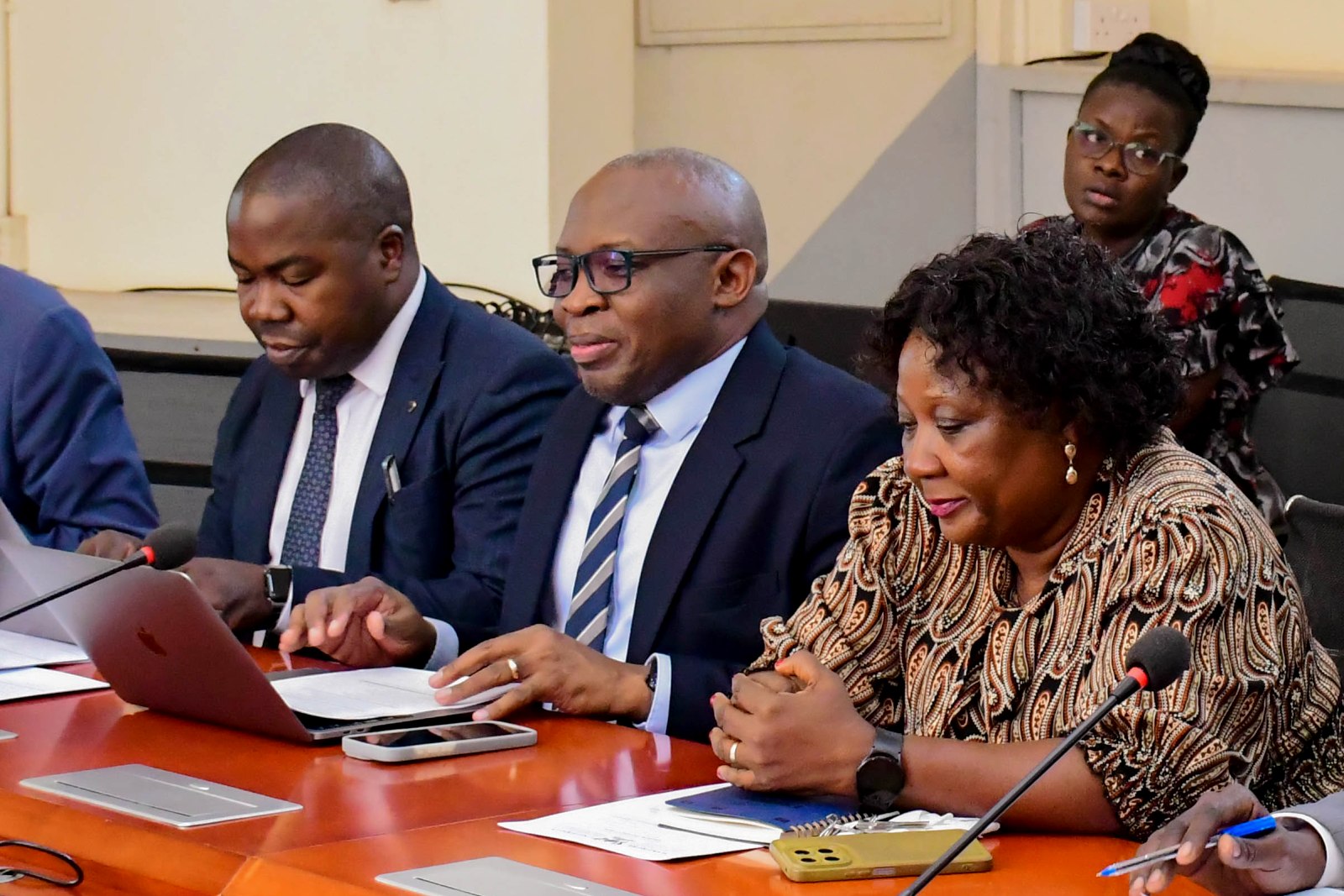 Prof. Ronald Bisaso (C) with Dr. David Kabugo (L) and Dr. Harriet Nabushawo (R). The Vice Chancellor, Prof. Barnabas Nawangwe and Management's engagement with the College of Education and External Studies (CEES) Leadership and Staff, 16th June 2026, Makerere University, Kampala Uganda, East Africa.