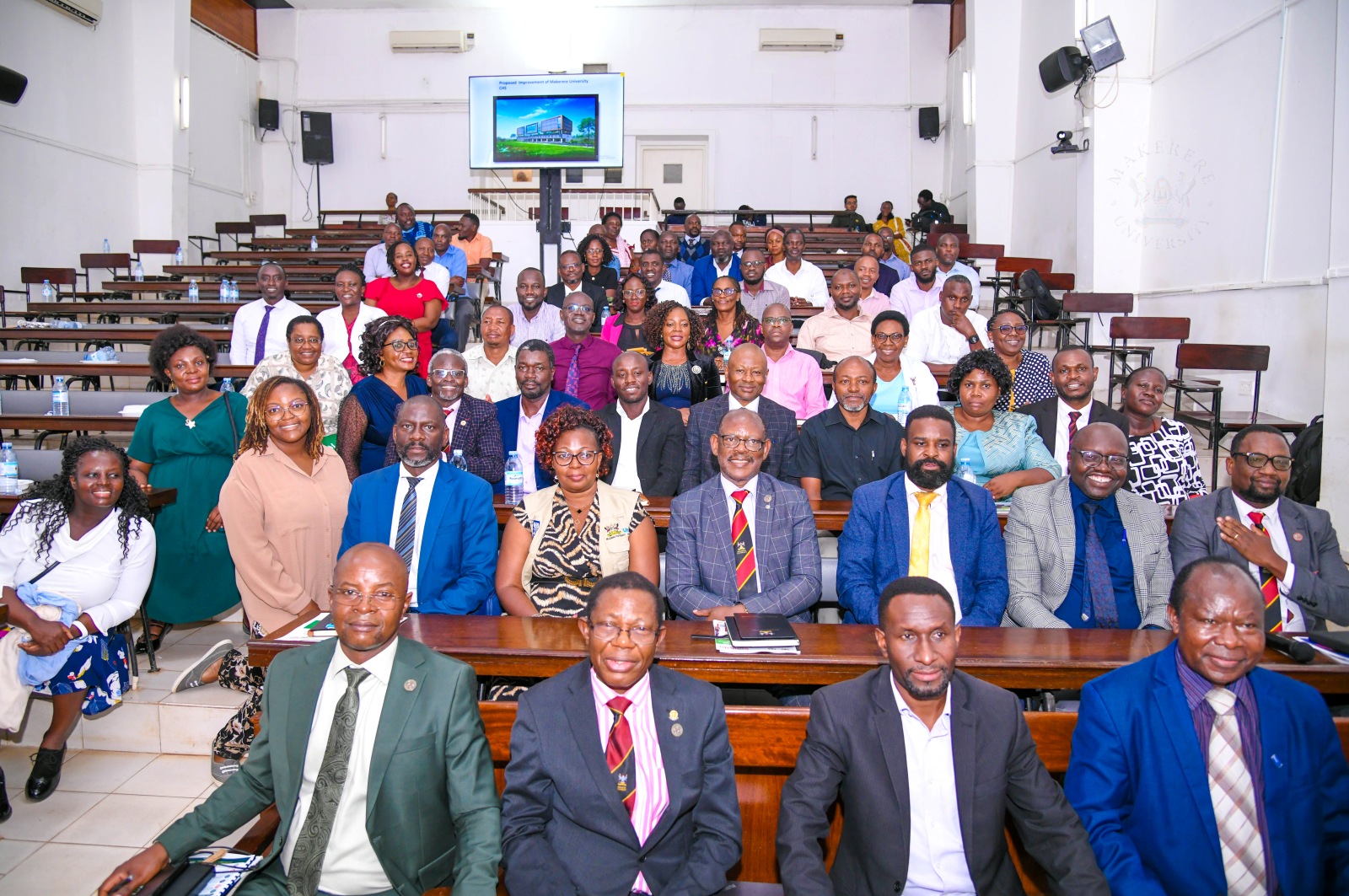 Prof. Barnabas Nawangwe and Members of University Management pose for a group photo with CHS Leadership and Staff during the engagement on 17th June 2026. The Vice Chancellor, Prof. Barnabas Nawangwe and Management's engagement with the College of Health Sciences (CHS) Leadership and Staff, 17th June 2026, Davies Lecture Theatre, Mulago Hopsital Complex, Makerere University, Kampala Uganda, East Africa.