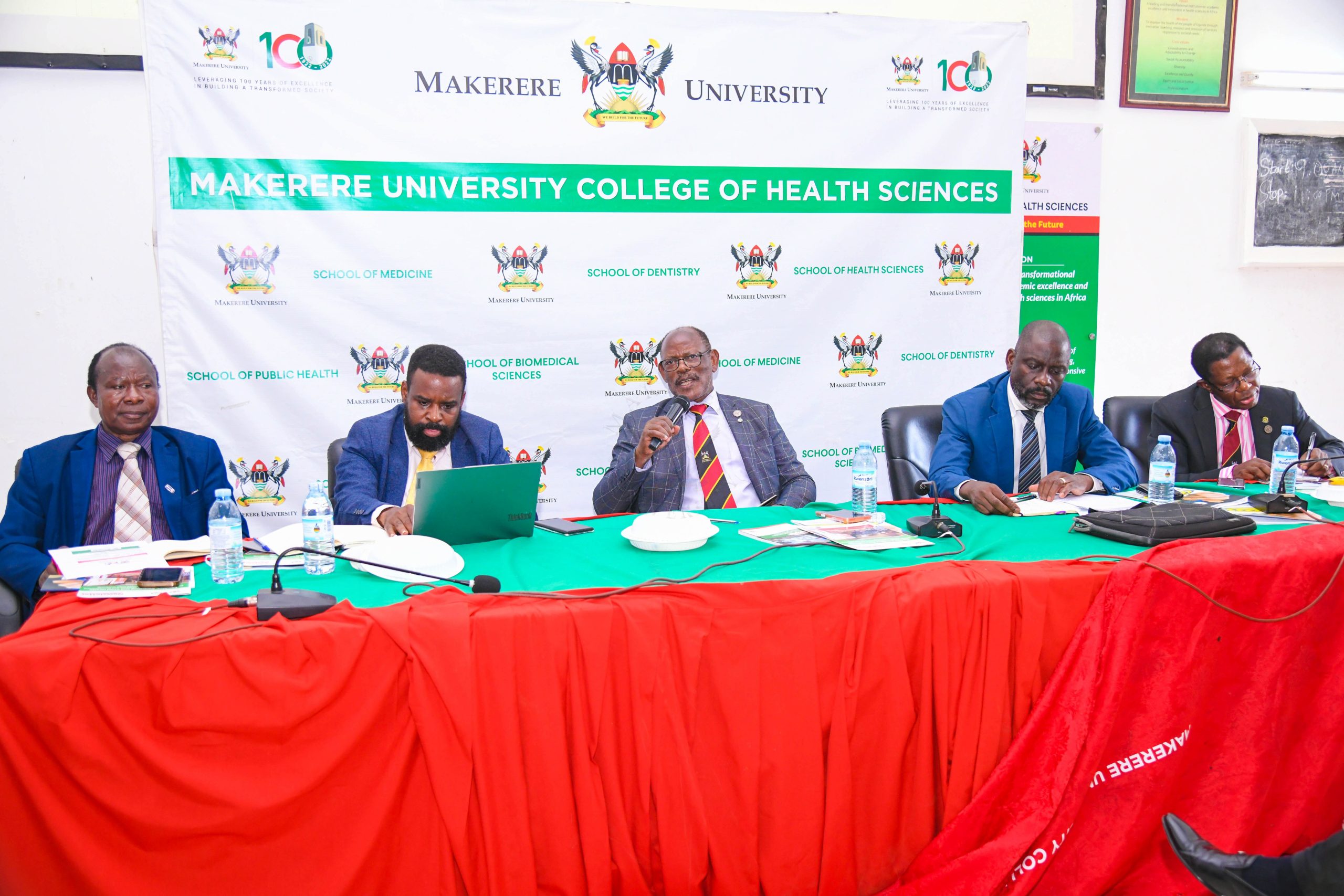L-R: Prof. Fredrick Muyodi, Prof. Robert Wamala, Prof. Barnabas Nawangwe, Prof. Julius Kikooma and Prof. Buyinza Mukadasi. The Vice Chancellor, Prof. Barnabas Nawangwe and Management's engagement with the College of Health Sciences (CHS) Leadership and Staff, 17th June 2026, Davies Lecture Theatre, Mulago Hopsital Complex, Makerere University, Kampala Uganda, East Africa.