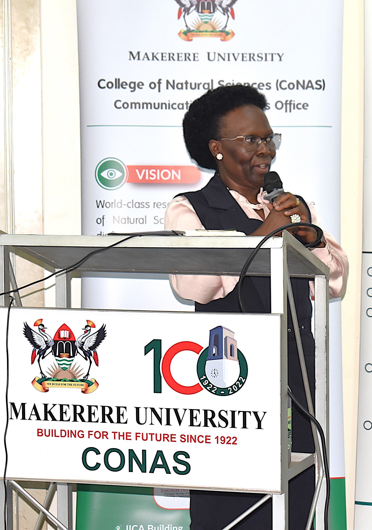 Prof. Sylvia Antonia Nakimera Nannyonga-Tamusuza, Head of the Grants Administration and Management Support Unit (GAMSU), briefing staff on the services offered by the unit. The Vice Chancellor, Prof. Barnabas Nawangwe and Management's engagement with the College of Natural Sciences (CoNAS) Leadership and Staff, 19th June 2026, Makerere University, Kampala Uganda, East Africa.