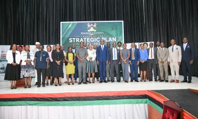 Makerere University launches the strategic plan 2025-2030 central(c)Hon. Henry Musasizi, left(L) Mrs. Lorna Magara, second right Guild President Makerere University, third right Prof. Barnabus Nawangwe.