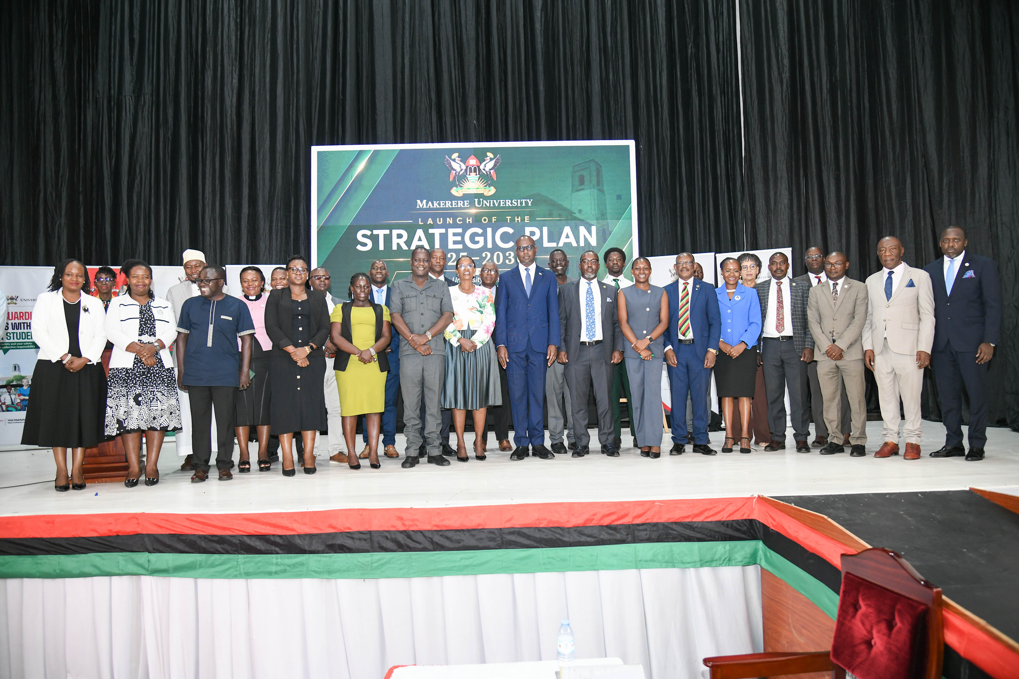 Makerere University launches the strategic plan 2025-2030 central(c)Hon. Henry Musasizi, left(L) Mrs. Lorna Magara, second right Guild President Makerere University, third right Prof. Barnabus Nawangwe.