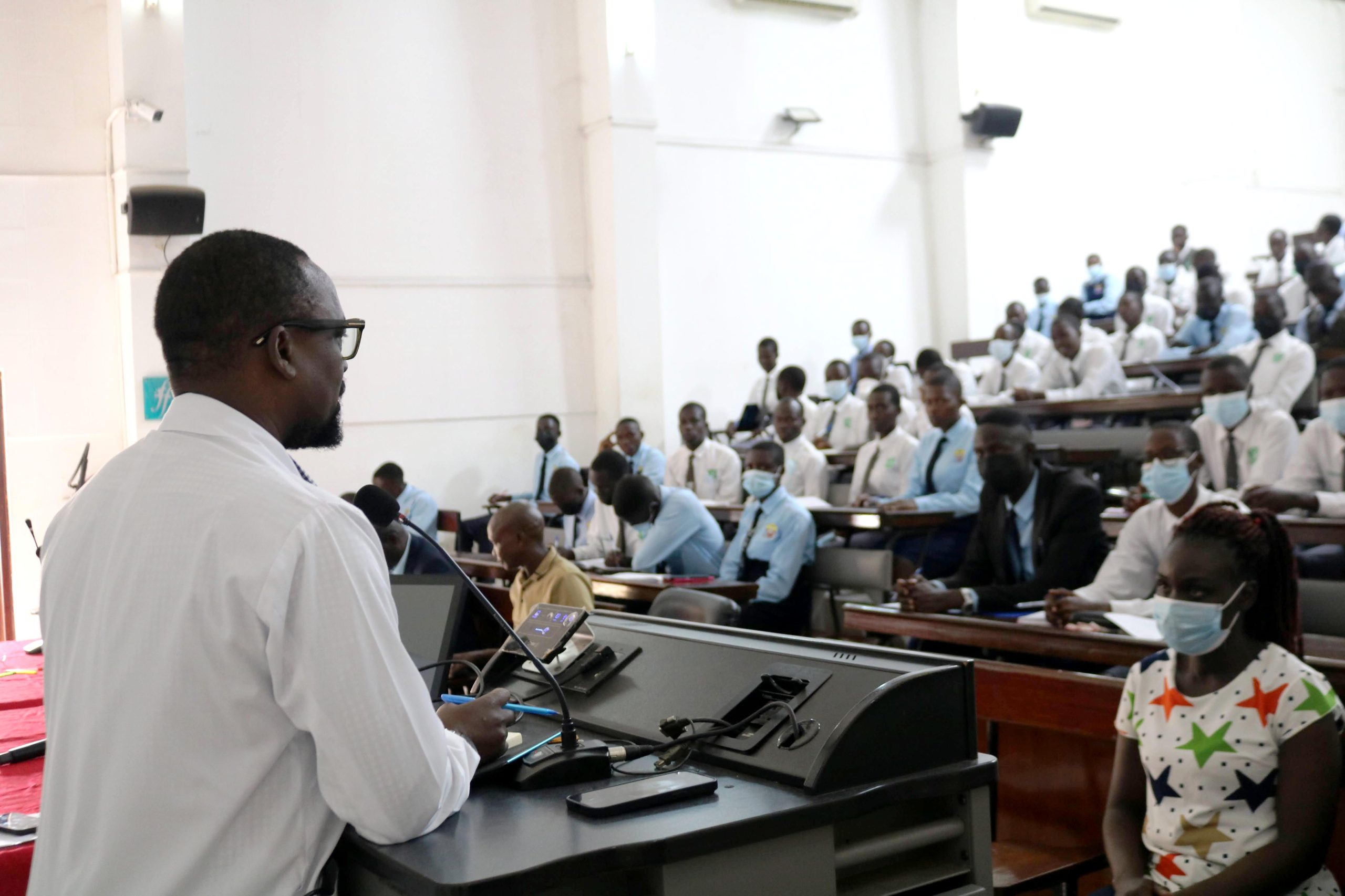 Prof. Bruce Kirenga addresses the senior six students and their teachers on 10th July 2026. Makerere University College of Health Sciences (MakCHS) Career Fair for Ngora High School and Wiggins Secondary School guiding senior six science students on careers in health sciences and introducing them to the wide range of academic programmes offered by the College, 10th July 2026, Mulago Hospital Complex, Kampala Uganda, East Africa.