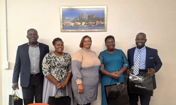 Left to Right: Mr. Bataamye Herbert-College Registrar, Dr. Irene Rebecca Namatende, Denise-UCT, Assoc. Prof. Annet Kutesa-Dentistry and Dr. Kalidi Rajab-Pharmacy. Makerere University College of Health Sciences (CHS) Quality Assurance, Gender Mainstreaming and ICT Committee benchmarking visit to the University of Cape Town (UCT), South Africa from 19th to 26th April, 2026.