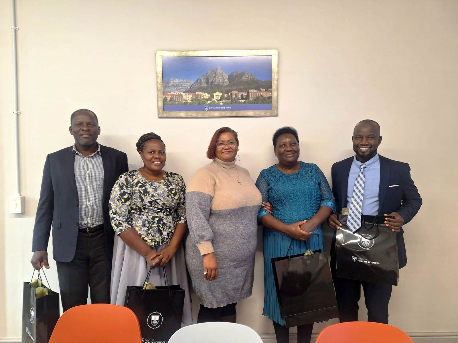 Left to Right: Mr. Bataamye Herbert-College Registrar, Dr. Irene Rebecca Namatende, Denise-UCT, Assoc. Prof. Annet Kutesa-Dentistry and Dr. Kalidi Rajab-Pharmacy. Makerere University College of Health Sciences (CHS) Quality Assurance, Gender Mainstreaming and ICT Committee benchmarking visit to the University of Cape Town (UCT), South Africa from 19th to 26th April, 2026.