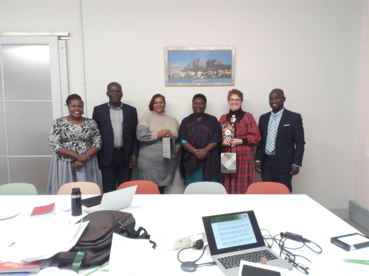 Right to Left: Dr. Kalidi Rajabu, Deputy Dean UCT, Assoc. Prof. Annet Kutesa, Denise-UCT, Mr. Bataamye Herbert and Dr. Irene Rebecca Namatende. Makerere University College of Health Sciences (CHS) Quality Assurance, Gender Mainstreaming and ICT Committee benchmarking visit to the University of Cape Town (UCT), South Africa from 19th to 26th April, 2026.