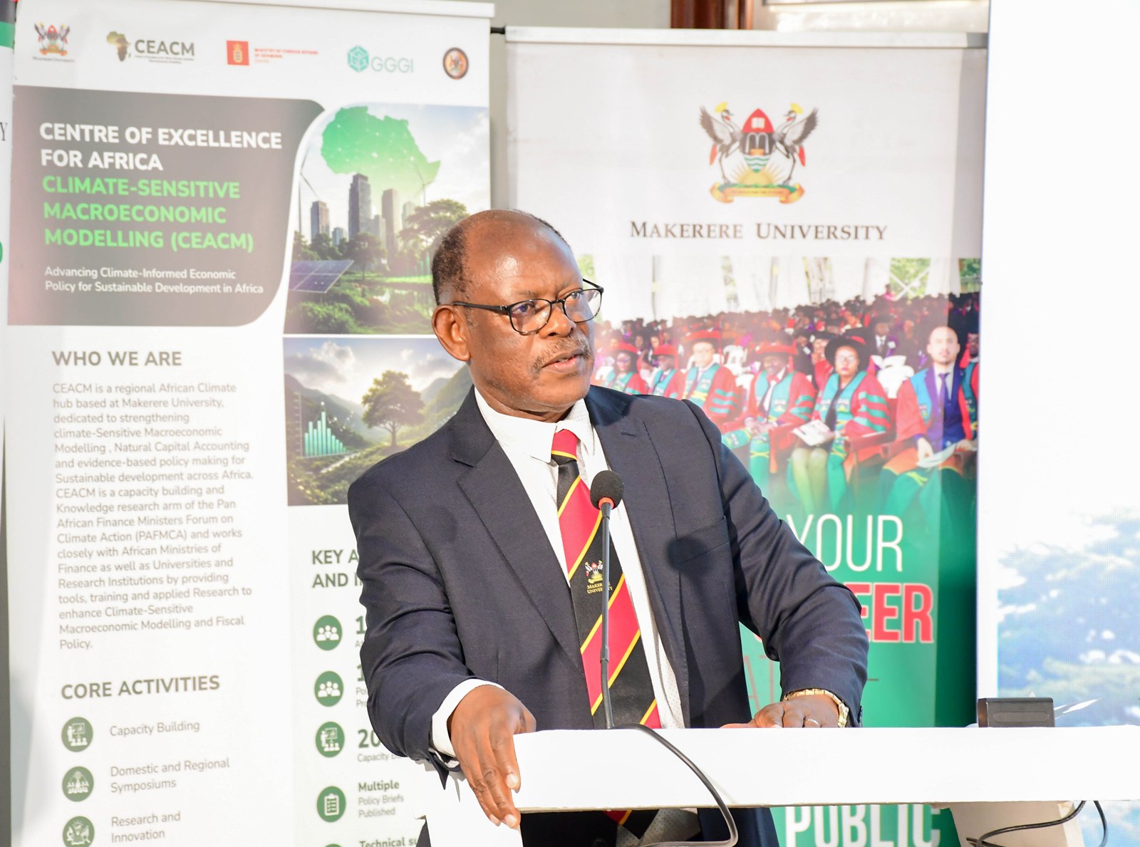 Makerere University Vice Chancellor, Prof. Barnabas Nawangwe, delivers the opening remarks during the event. Launch of Policy Briefs developed by the Centre of Excellence for Africa Climate-Sensitive Macroeconomic Modelling (CEACM), College of Business and Management Sciences (CoBAMS), 15th July 2026, Senior Common Room, Main Building, Makerere University, Kampala Uganda, East Africa.