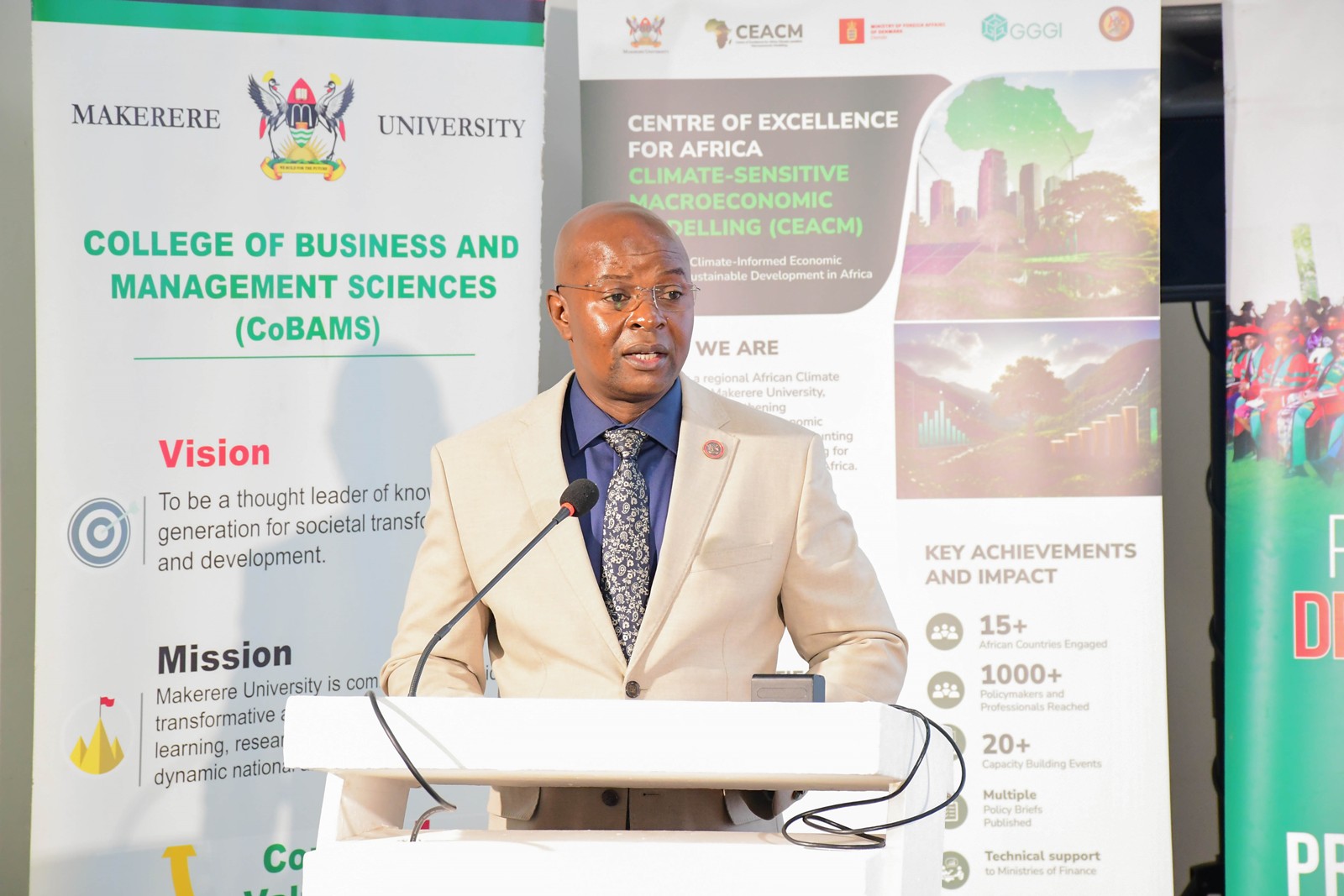 Prof. Edward Bbaale, Director of CEACM and Principal CoBAMS, delivering his keynote remarks. Launch of Policy Briefs developed by the Centre of Excellence for Africa Climate-Sensitive Macroeconomic Modelling (CEACM), College of Business and Management Sciences (CoBAMS), 15th July 2026, Senior Common Room, Main Building, Makerere University, Kampala Uganda, East Africa.