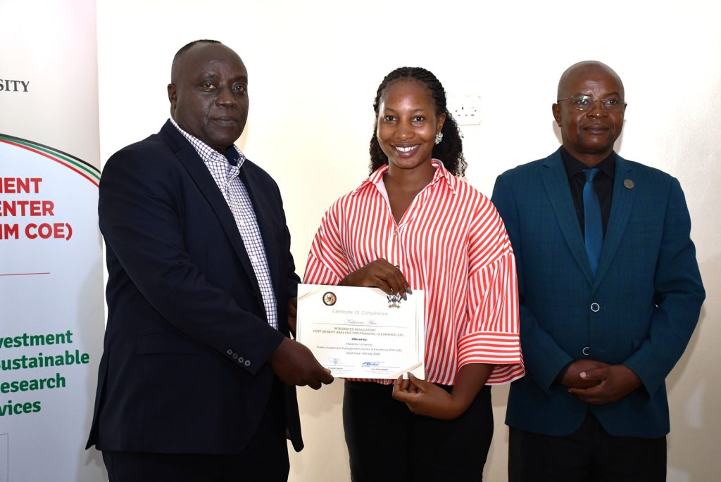 Mr. Henry Mwanja and Prof. Edward Bbaale present a certificate to Ms. Nalweera Alice (C). Public Investment Management Centre of Excellence (PIM CoE), Makerere University, Kampala in partnership with the Ministry of Finance, Planning and Economic Development (MoFPED) graduation of two-week training of the fourth cohort of the Capacity Enhancement and Hands-on Training on the Guidelines for Financial Clearance and the Certificate of Financial Implications (CFI) – Integrated Regulatory Cost-Benefit Analysis. 3rd July 2026, Pearl on the Nile Hotel, Jinja, Uganda, East Africa.