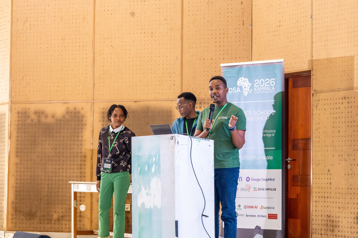 A group of student researchers present their work during the conference. 14th Data Science Africa (DSA), Theme: "Foundational and Practical Data Science in the Age of Generative AI”, 20th - 24th July, 2026, Makerere University, Kampala Uganda, East Africa and Online.