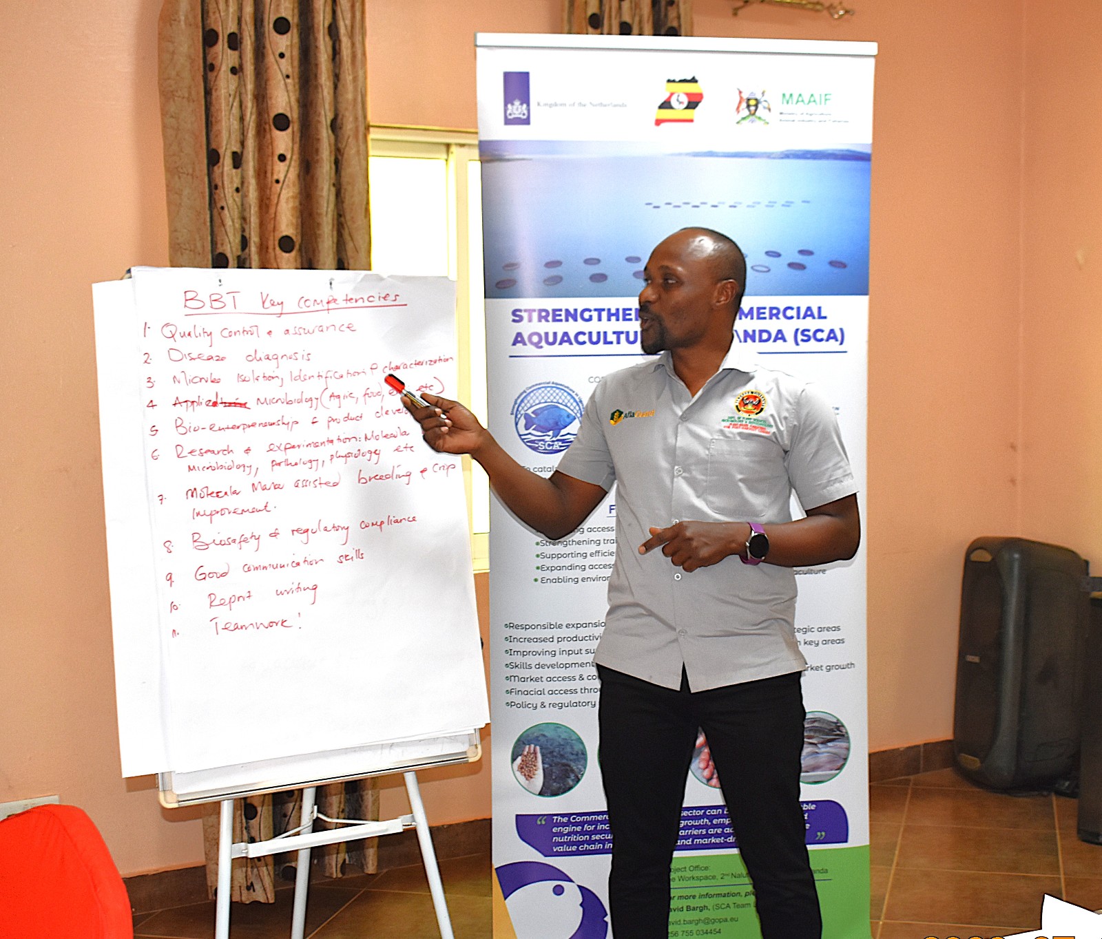 Dr Abubakar Sadik Mustafa sharing suggestions for transforming the BSc Biotechnology programme. College of Natural Sciences (CoNAS), Makerere University, capacity-building training for academic and technical staff to deepen their understanding of CBET principles and equip them with the skills required to design, deliver, and assess competency-based curricula, conducted with support from the Strengthening Commercial Aquaculture (SCA) Programme, funded by the Embassy of the Kingdom of the Netherlands in Kampala (EKN) and implemented by the COFAD Consortium (COFAD–ThinkAqua–WUR), 21-23 July 2026, Ridar Hotel, Seeta, Mukono, Uganda, East Africa.