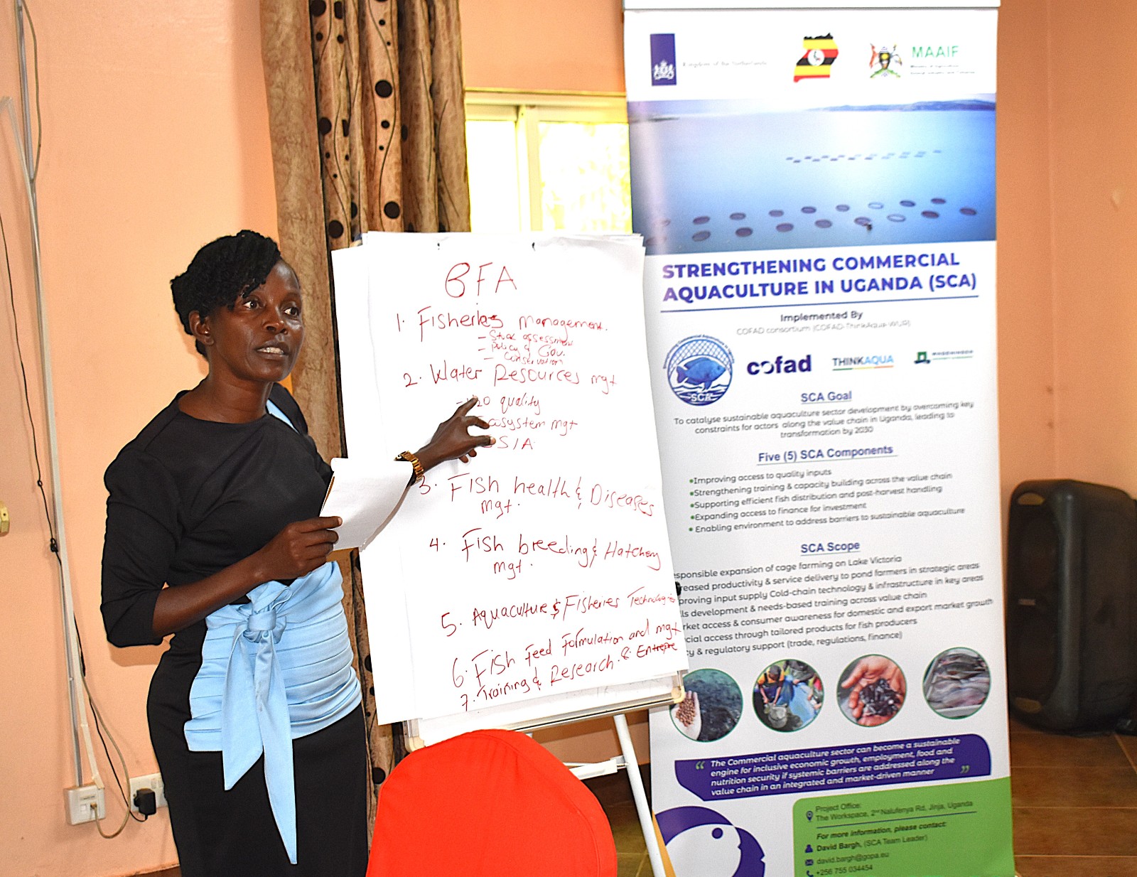 Dr Rosemary Nalwanga from the Department of Zoology, Entomology and Fisheries Sciences presenting their views on transforming the Bachelor of Fisheries and Aquaculture programme. College of Natural Sciences (CoNAS), Makerere University, capacity-building training for academic and technical staff to deepen their understanding of CBET principles and equip them with the skills required to design, deliver, and assess competency-based curricula, conducted with support from the Strengthening Commercial Aquaculture (SCA) Programme, funded by the Embassy of the Kingdom of the Netherlands in Kampala (EKN) and implemented by the COFAD Consortium (COFAD–ThinkAqua–WUR), 21-23 July 2026, Ridar Hotel, Seeta, Mukono, Uganda, East Africa.