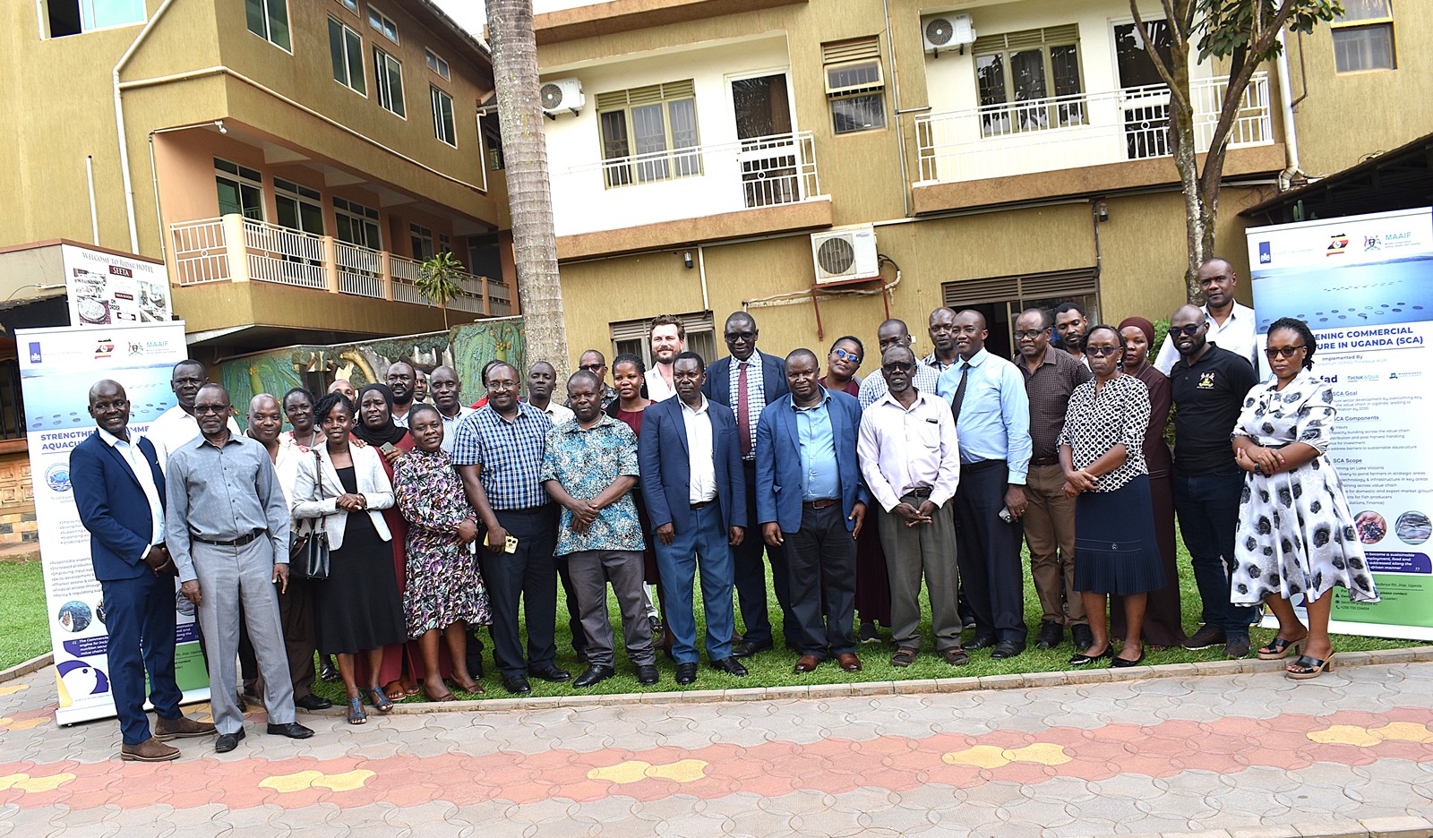 CoNAS Staff and the trainers as well as the team from COFAD on the first day of the training. College of Natural Sciences (CoNAS), Makerere University, capacity-building training for academic and technical staff to deepen their understanding of CBET principles and equip them with the skills required to design, deliver, and assess competency-based curricula, conducted with support from the Strengthening Commercial Aquaculture (SCA) Programme, funded by the Embassy of the Kingdom of the Netherlands in Kampala (EKN) and implemented by the COFAD Consortium (COFAD–ThinkAqua–WUR), 21-23 July 2026, Ridar Hotel, Seeta, Mukono, Uganda, East Africa.
