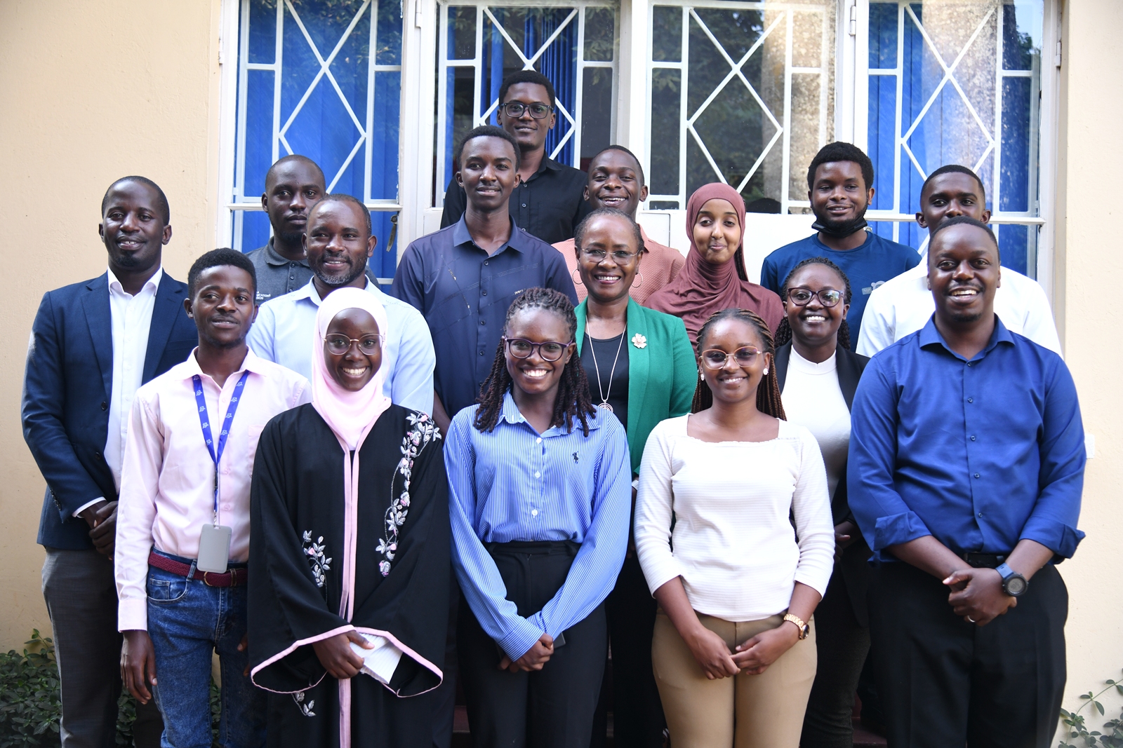 Prof. Sarah Ssali (2nd Row Centre) with RENU Leadership and Trainees after the visit on 15th July 2026. The Deputy Vice Chancellor in charge of Academic Affairs (DVCAA) Prof. Sarah Ssali's guided tour of Research and Education Network for Uganda (RENU)’s Industrial Trainee Program on 15th July 2026, RENU Labs, Edge Road, Makerere University, Kampala Uganda, East Africa.