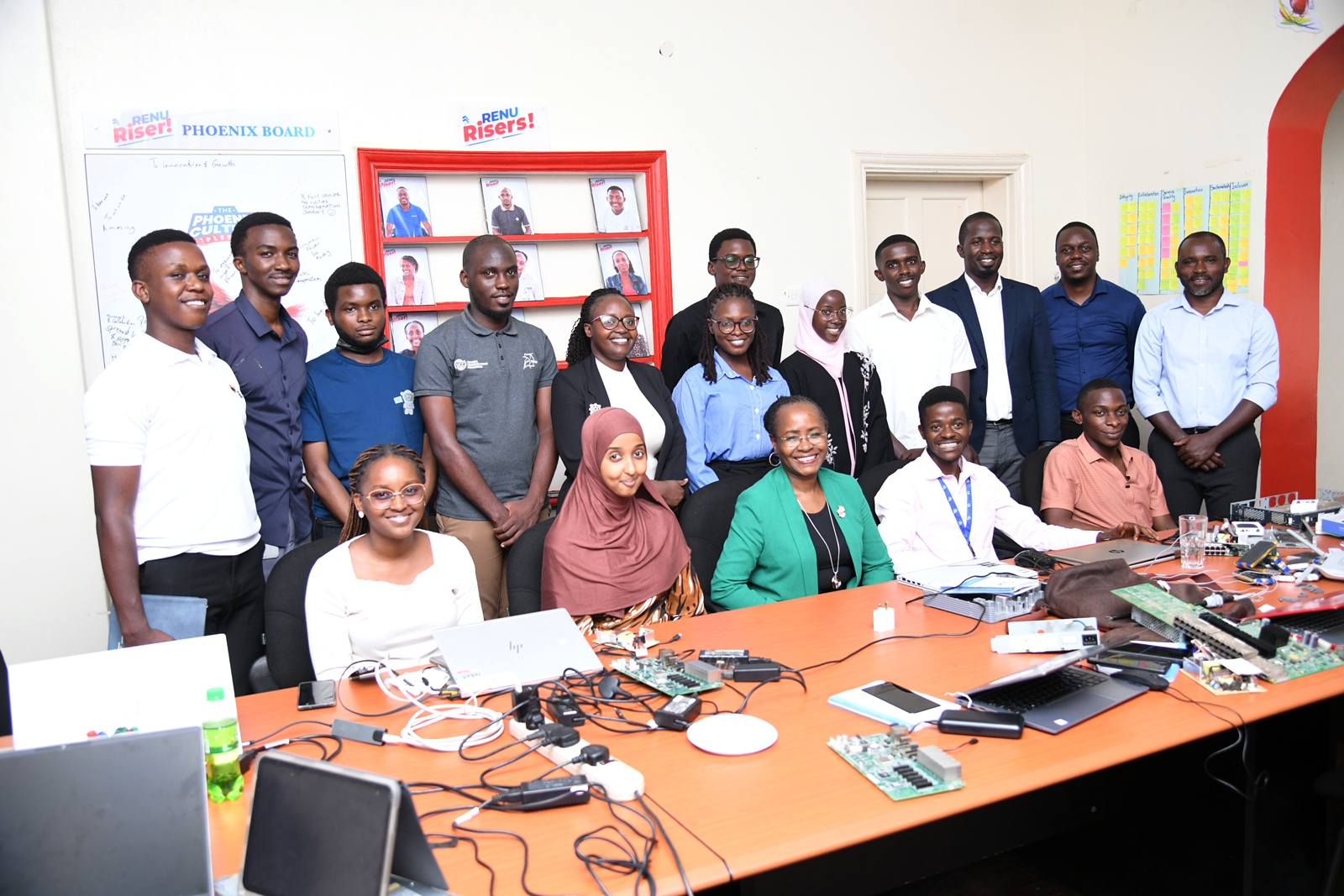 Prof. Sarah Ssali with RENU Leadership and Trainees in the makerspace. The Deputy Vice Chancellor in charge of Academic Affairs (DVCAA) Prof. Sarah Ssali's guided tour of Research and Education Network for Uganda (RENU)’s Industrial Trainee Program on 15th July 2026, RENU Labs, Edge Road, Makerere University, Kampala Uganda, East Africa.