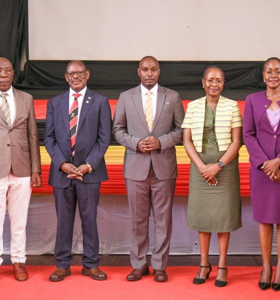 Hon. Eng. Jonard Asiimwe Akiiki (C) in a group photo with L-R: Prof. Ruth Nalumaga, Prof. Henry Alinaitwe, Prof. Barnabas Nawangwe, Prof. Sarah Ssali, Dr. Winifred Kabumbuli and Mr. Paul Agaba on 21st July 2026 in the Main Hall. Hon. Eng. Jonard Asiimwe Akiiki, Minister of Science, Technology and Innovation in the Office of the President, two-day Ministerial Maiden Visit to Makerere University, 21st-22nd July 2026, Kampala Uganda, East Africa.