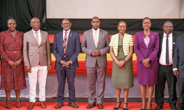 Hon. Eng. Jonard Asiimwe Akiiki (C) in a group photo with L-R: Prof. Ruth Nalumaga, Prof. Henry Alinaitwe, Prof. Barnabas Nawangwe, Prof. Sarah Ssali, Dr. Winifred Kabumbuli and Mr. Paul Agaba on 21st July 2026 in the Main Hall. Hon. Eng. Jonard Asiimwe Akiiki, Minister of Science, Technology and Innovation in the Office of the President, two-day Ministerial Maiden Visit to Makerere University, 21st-22nd July 2026, Kampala Uganda, East Africa.