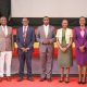 Hon. Eng. Jonard Asiimwe Akiiki (C) in a group photo with L-R: Prof. Ruth Nalumaga, Prof. Henry Alinaitwe, Prof. Barnabas Nawangwe, Prof. Sarah Ssali, Dr. Winifred Kabumbuli and Mr. Paul Agaba on 21st July 2026 in the Main Hall. Hon. Eng. Jonard Asiimwe Akiiki, Minister of Science, Technology and Innovation in the Office of the President, two-day Ministerial Maiden Visit to Makerere University, 21st-22nd July 2026, Kampala Uganda, East Africa.