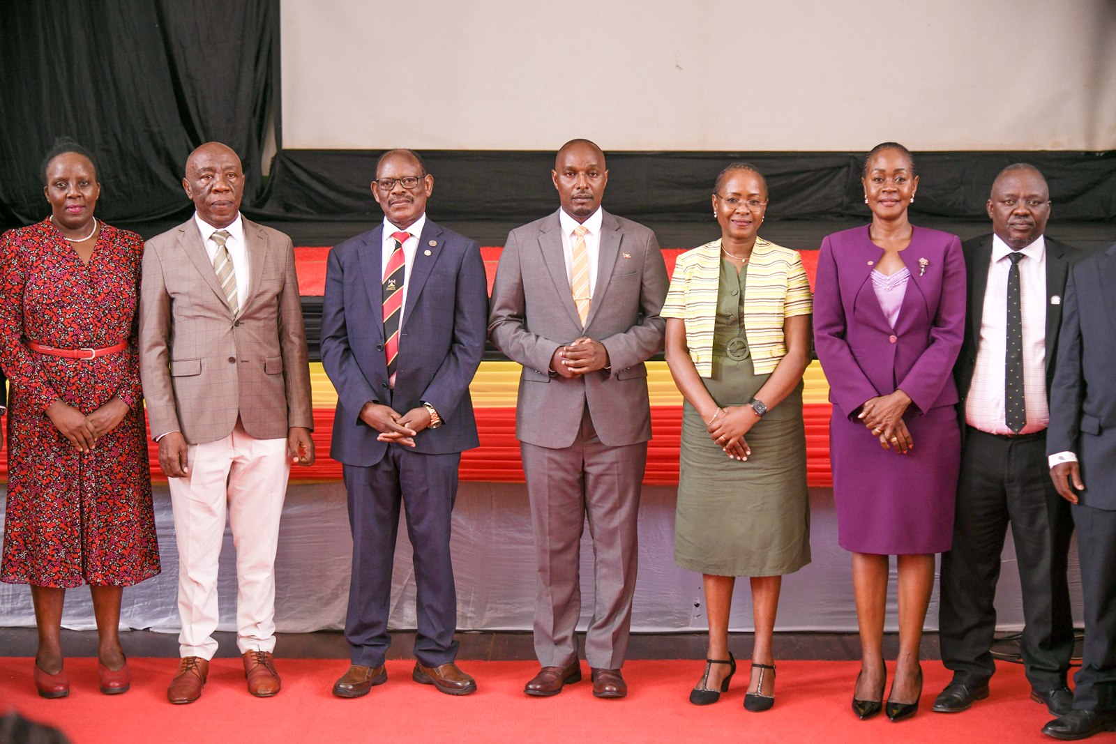 Hon. Eng. Jonard Asiimwe Akiiki (C) in a group photo with L-R: Prof. Ruth Nalumaga, Prof. Henry Alinaitwe, Prof. Barnabas Nawangwe, Prof. Sarah Ssali, Dr. Winifred Kabumbuli and Mr. Paul Agaba on 21st July 2026 in the Main Hall. Hon. Eng. Jonard Asiimwe Akiiki, Minister of Science, Technology and Innovation in the Office of the President, two-day Ministerial Maiden Visit to Makerere University, 21st-22nd July 2026, Kampala Uganda, East Africa.
