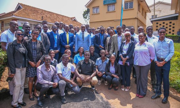 Hon. Eng. Jonard Asiimwe Akiiki is joined by the Prof. Barnabas Nawangwe, Prof. Bruce Kirenga and other officials in a group photo on 22nd July 2026. Hon. Eng. Jonard Asiimwe Akiiki, Minister of Science, Technology and Innovation in the Office of the President, two-day Ministerial Maiden Visit to Makerere University, 21st-22nd July 2026, Kampala Uganda, East Africa.