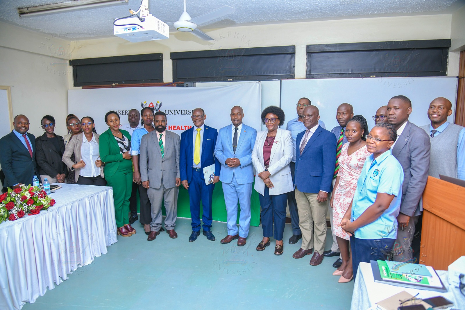 Hon. Eng. Jonard Asiimwe Akiiki with Prof. Barnabas Nawangwe, Prof. Rhoda Wanyenze and staff at MakSPH. Hon. Eng. Jonard Asiimwe Akiiki, Minister of Science, Technology and Innovation in the Office of the President, two-day Ministerial Maiden Visit to Makerere University, 21st-22nd July 2026, Kampala Uganda, East Africa.