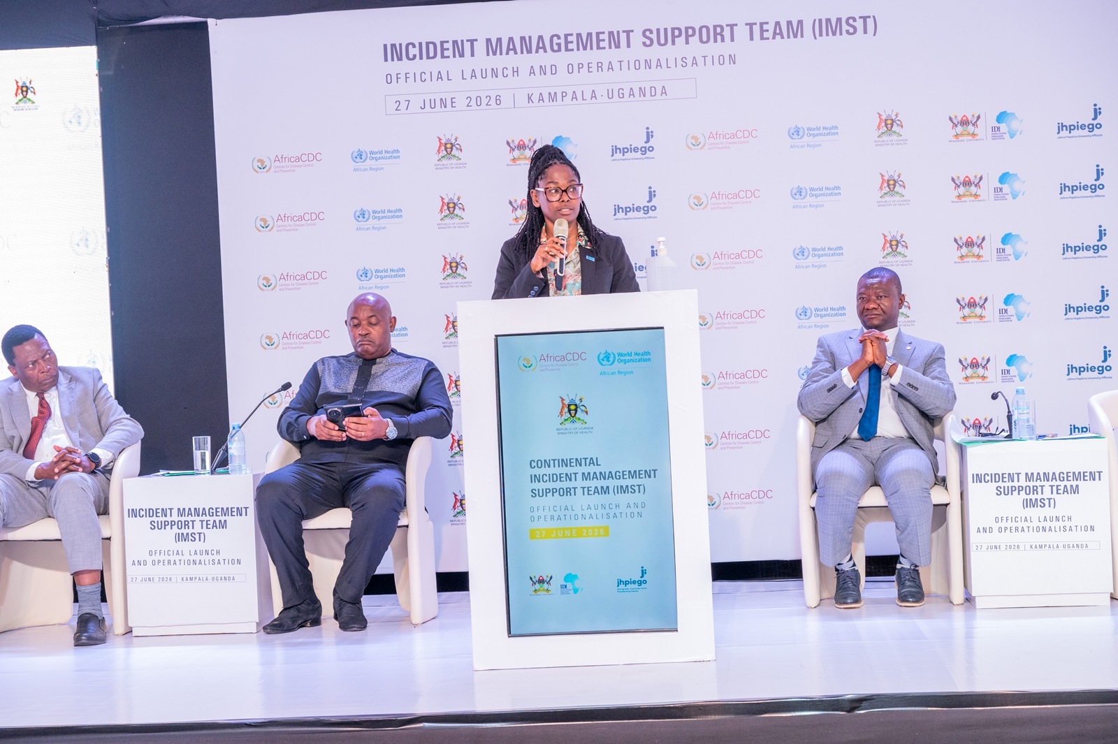 Dr Marie-Roseline Belizaire, WHO AFRO's regional emergency director, speaks at the launch of the Continental Incident Management Support Team in Kampala. Formal launch of Continental Incident Management Support Team (IMST), a joint Africa Centres for Disease Control and Prevention (Africa CDC) and World Health Organization (WHO) operation racing to contain the Bundibugyo strain of Ebola sweeping through the Democratic Republic of the Congo, 26th June 2026, Infectious Diseases Institute (IDI) McKinnell Knowledge Centre, Makerere University, Kampala Uganda, East Africa.