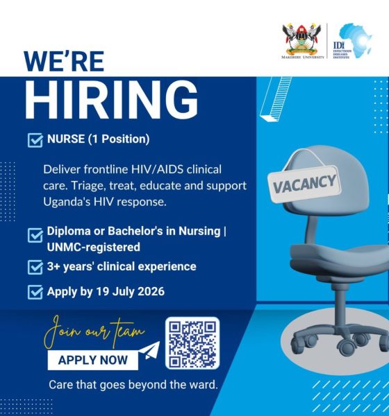 IDI Job Advert: Nurse (1), apply by 19th July 2026. Infectious Diseases Institute, Mulago, Makerere University, Kampala Uganda, East Africa.