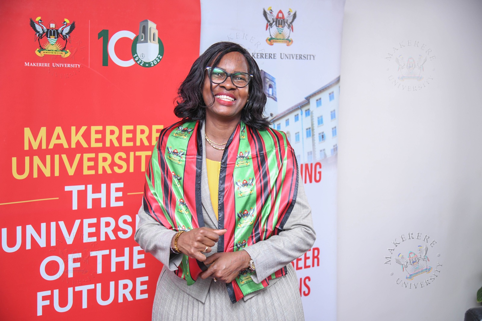 Prof. Pauline Byakikia-Kibwika revels in the colours of her Alma mater. Vice Chancellor, Prof. Barnabas Nawangwe and Members of Management host delegation from Mbarara University of Science and Technology (MUST) led by the Vice Chancellor Prof. Pauline Byakika-Kibwika to benchmark the Grants Management System, 23rd July 2026, Makerere University, Kampala Uganda, East Africa.