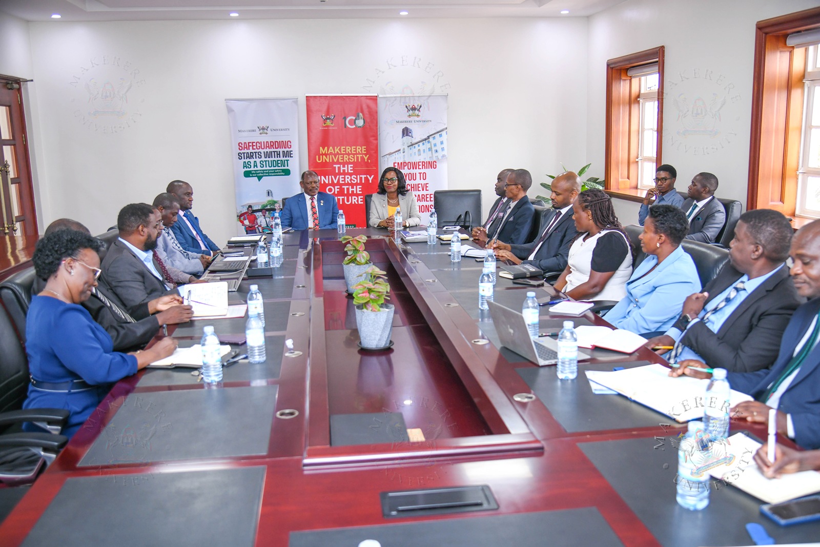 The meeting in session. Vice Chancellor, Prof. Barnabas Nawangwe and Members of Management host delegation from Mbarara University of Science and Technology (MUST) led by the Vice Chancellor Prof. Pauline Byakika-Kibwika to benchmark the Grants Management System, 23rd July 2026, Makerere University, Kampala Uganda, East Africa.