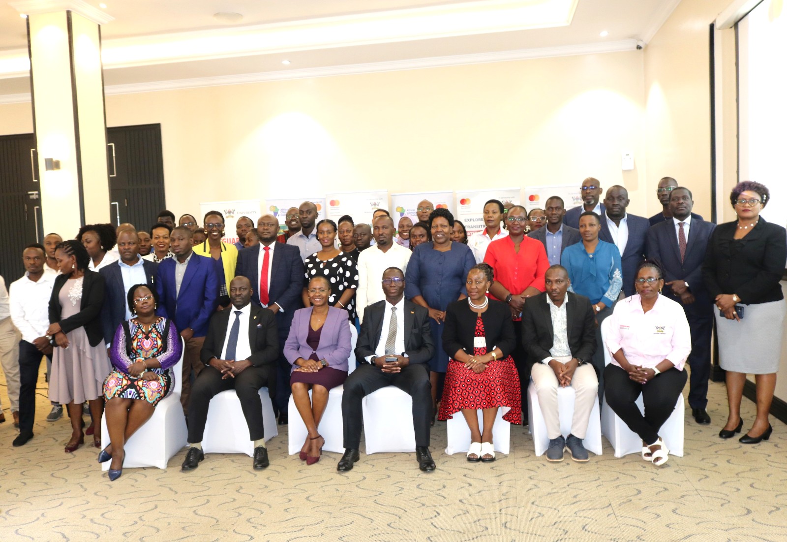 Mr. Aggrey Kibenge, Prof. Sarah Ssali and other offcials pose in a group photo with other stakeholders. Makerere University convened the 2nd Partnership Development Breakfast for Mastercard Foundation-supported initiatives, 9th July 2026, Mestil Hotel Kampala, Uganda, East Africa.