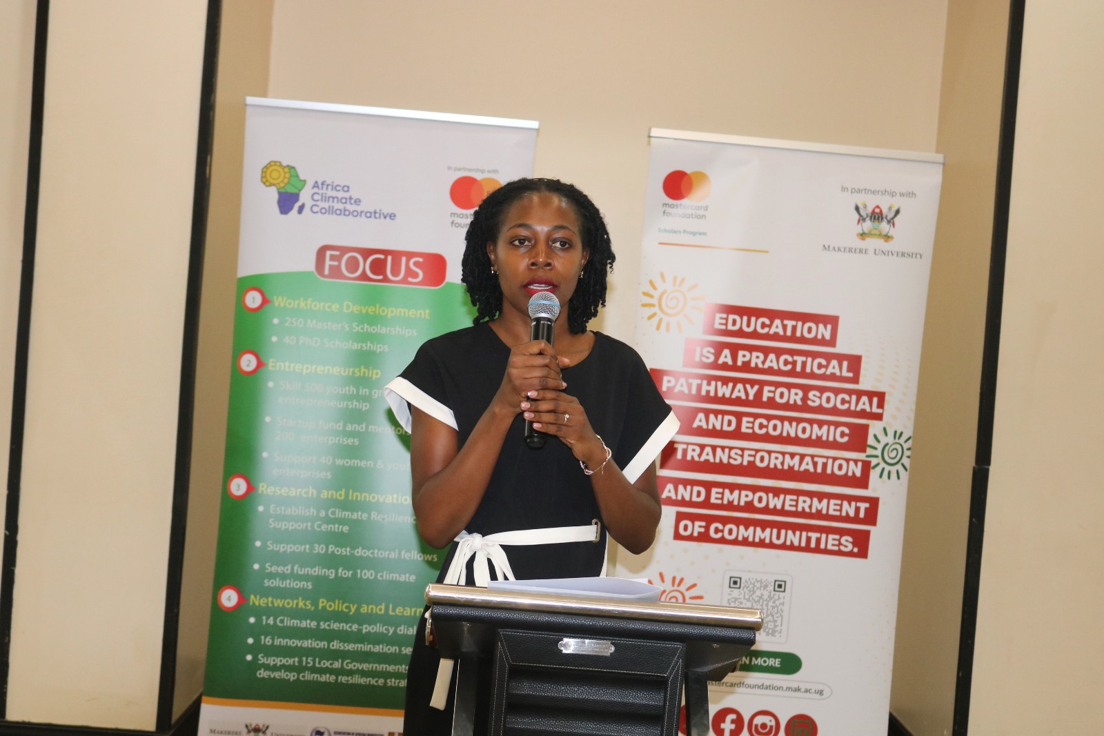Ms. Maria Mugerwa, the representative of the Mastercard Foundation addressing the Stakeholders. Makerere University convened the 2nd Partnership Development Breakfast for Mastercard Foundation-supported initiatives, 9th July 2026, Mestil Hotel Kampala, Uganda, East Africa.