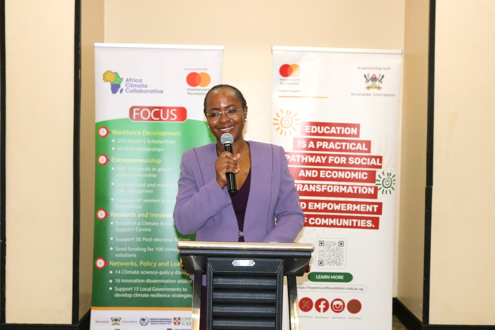 Prof. Sarah Ssali, addressing the Stakeholders. Makerere University convened the 2nd Partnership Development Breakfast for Mastercard Foundation-supported initiatives, 9th July 2026, Mestil Hotel Kampala, Uganda, East Africa.