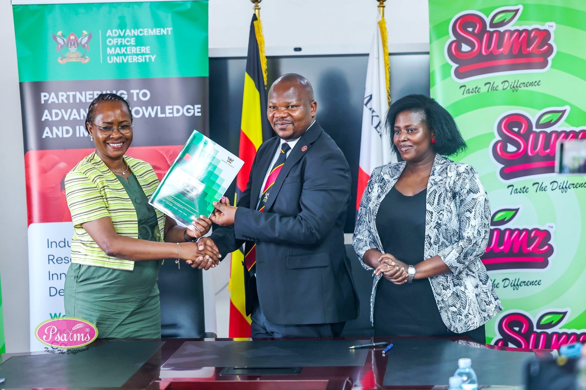 From the Left: Prof. Sarah Ssali, Dr. Denis Ngabirano and Ms. Maureen Ngabirano after the MOU signing. DVCAA Professor Sarah Ssali signs Memorandum of Understanding (MoU) with Psalms Food Industries Ltd, marking the beginning of a strategic partnership aimed at strengthening collaboration between academia and industry through research, innovation, entrepreneurship and experiential learning, 21st July 2026, Main Building, Makerere University, Kampala Uganda, East Africa.