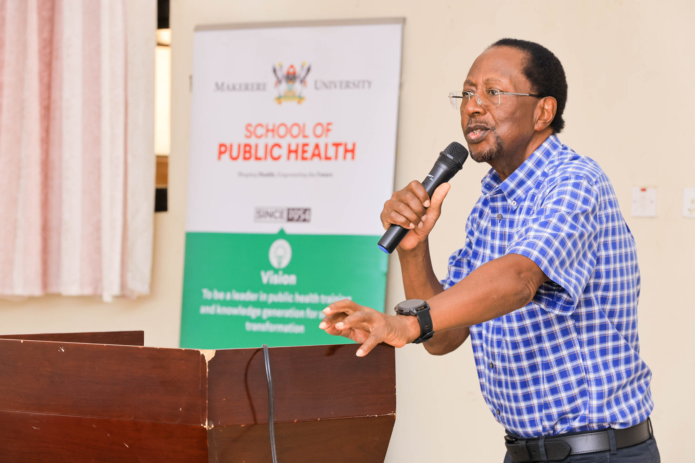 Prof. David Serwadda speaks during a departmental retreat in Jinja in June 2026. He served as Director of the Makerere Institute of Public Health from 2003 to 2007 and as the first Dean of MakSPH from 2007 to 2009. Makerere University School of Public Health (MakSPH) reflection on long and productive partnership with the people and Government of the United States, spanning more than 35 years. Kampala Uganda, East Africa.