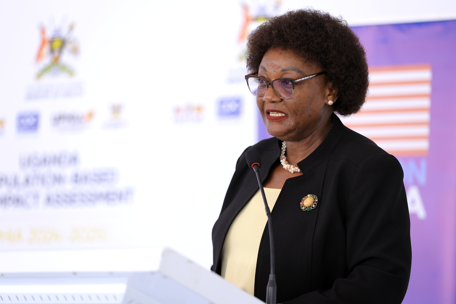 MakSPH Dean Prof. Rhoda Wanyenze speaks during the UPHIA 2025 launch in Kampala, highlighting MakSPH’s contribution to Uganda’s public health response through research, evidence and technical guidance. Makerere University School of Public Health (MakSPH) reflection on long and productive partnership with the people and Government of the United States, spanning more than 35 years. Kampala Uganda, East Africa.
