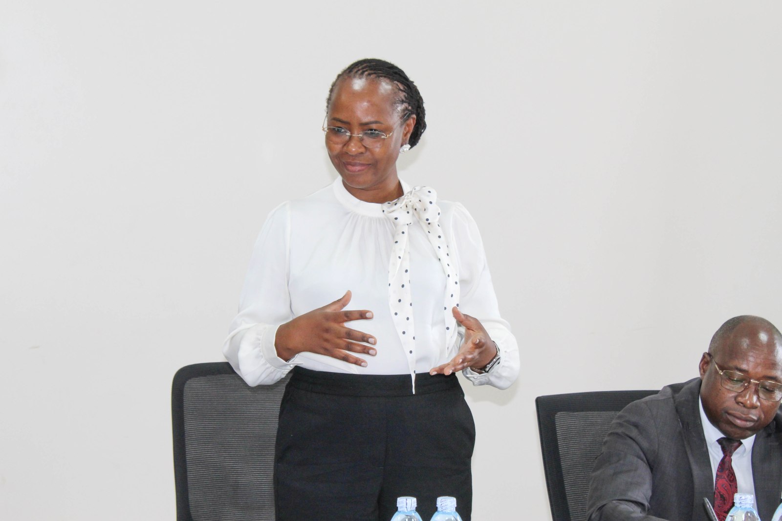 Prof. Sarah Ssali (Standing) and Mr. Kirunda Halid (Seated) during the meeting. DVCAA Professor Sarah Ssali receives delegation from Southwest Minzu University, China, led by the Vice President, Professor Yang Sheng-Tao, for a high-level meeting focused on academic collaboration and joint capacity development in animal husbandry and veterinary medicine, 23rd July 2026, Main Building, Makerere University, Kampala Uganda, East Africa.