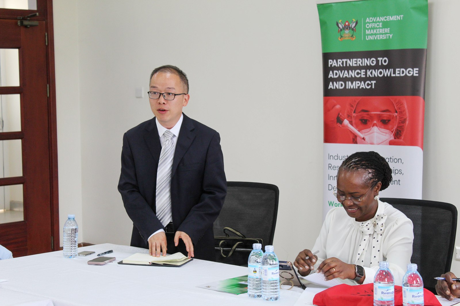 Professor Yang Sheng-Tao (L) addresses the meeting as Prof. Sarah Ssali (R) listens. DVCAA Professor Sarah Ssali receives delegation from Southwest Minzu University, China, led by the Vice President, Professor Yang Sheng-Tao, for a high-level meeting focused on academic collaboration and joint capacity development in animal husbandry and veterinary medicine, 23rd July 2026, Main Building, Makerere University, Kampala Uganda, East Africa.