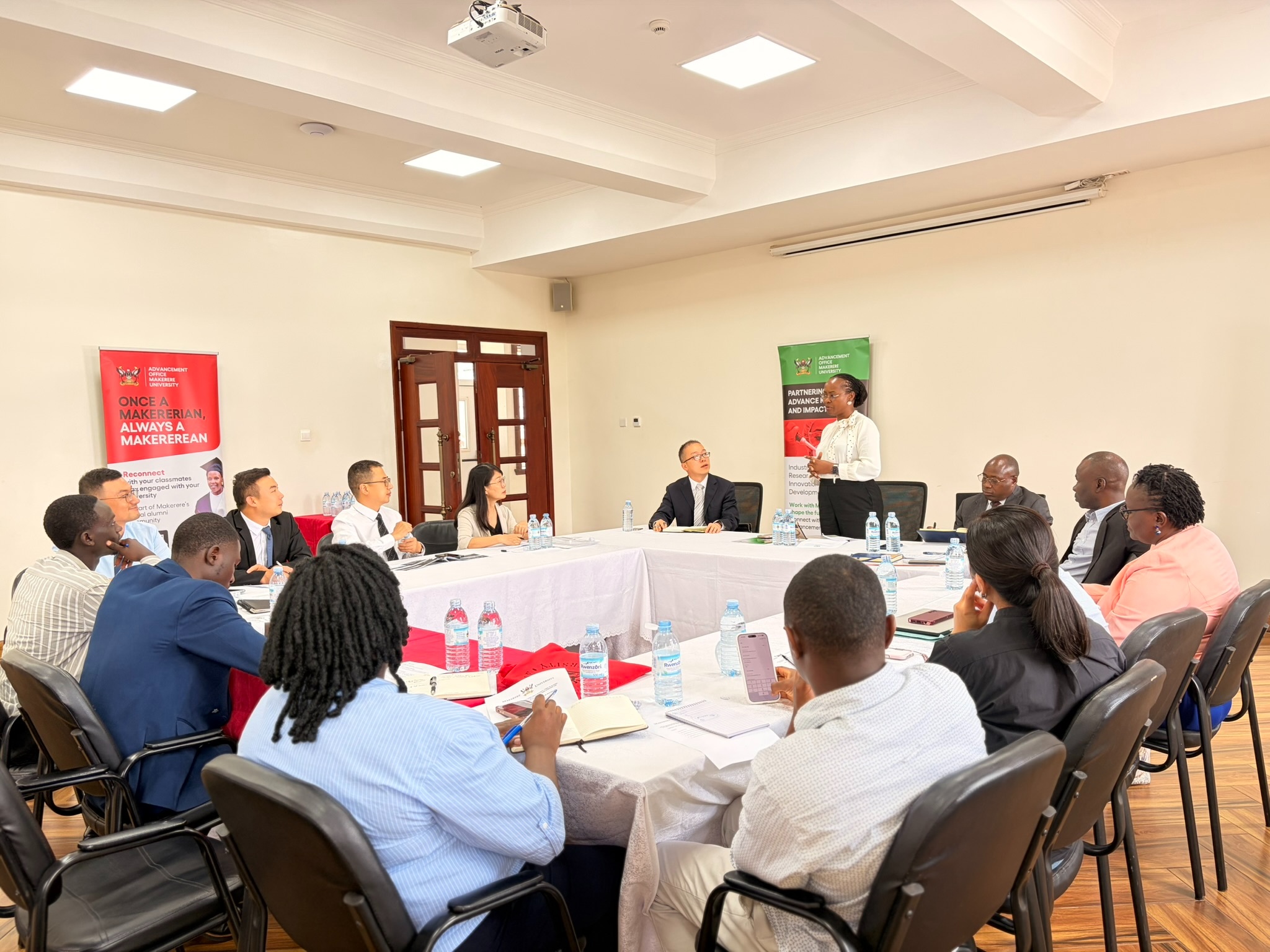 A photo of the meeting in session. DVCAA Professor Sarah Ssali receives delegation from Southwest Minzu University, China, led by the Vice President, Professor Yang Sheng-Tao, for a high-level meeting focused on academic collaboration and joint capacity development in animal husbandry and veterinary medicine, 23rd July 2026, Main Building, Makerere University, Kampala Uganda, East Africa.