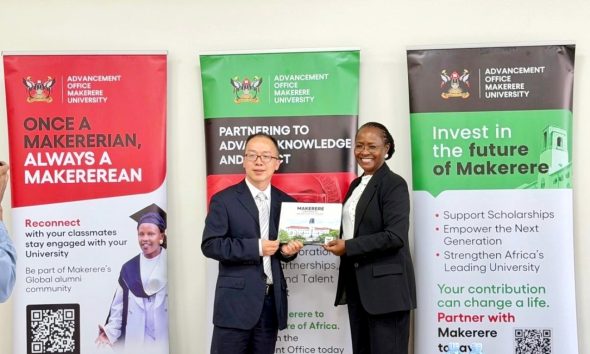 Prof. Sarah Ssali gifting the Vice President, Southwest Minzu University. DVCAA Professor Sarah Ssali receives delegation from Southwest Minzu University, China, led by the Vice President, Professor Yang Sheng-Tao, for a high-level meeting focused on academic collaboration and joint capacity development in animal husbandry and veterinary medicine, 23rd July 2026, Main Building, Makerere University, Kampala Uganda, East Africa.