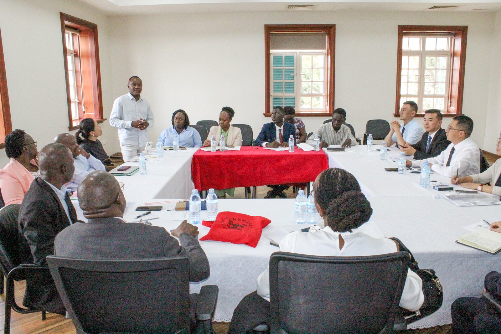 The meeting in session. DVCAA Professor Sarah Ssali receives delegation from Southwest Minzu University, China, led by the Vice President, Professor Yang Sheng-Tao, for a high-level meeting focused on academic collaboration and joint capacity development in animal husbandry and veterinary medicine, 23rd July 2026, Main Building, Makerere University, Kampala Uganda, East Africa.