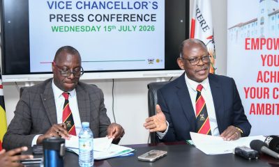 Prof. Barnabas Nawangwe (R) flanked by Dr. Andrew Kambugu (L) at the Press Conference on 15th July 2026. Vice Chancellor's Boardroom, Main Building, Makerere University, Kampala Uganda, East Africa.