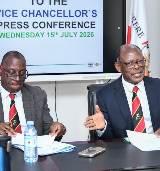 Prof. Barnabas Nawangwe (R) flanked by Dr. Andrew Kambugu (L) at the Press Conference on 15th July 2026. Vice Chancellor's Boardroom, Main Building, Makerere University, Kampala Uganda, East Africa.