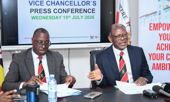 Prof. Barnabas Nawangwe (R) flanked by Dr. Andrew Kambugu (L) at the Press Conference on 15th July 2026. Vice Chancellor's Boardroom, Main Building, Makerere University, Kampala Uganda, East Africa.