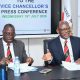 Prof. Barnabas Nawangwe (R) flanked by Dr. Andrew Kambugu (L) at the Press Conference on 15th July 2026. Vice Chancellor's Boardroom, Main Building, Makerere University, Kampala Uganda, East Africa.