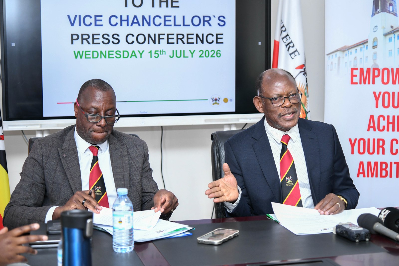 Prof. Barnabas Nawangwe (R) flanked by Dr. Andrew Kambugu (L) at the Press Conference on 15th July 2026. Vice Chancellor's Boardroom, Main Building, Makerere University, Kampala Uganda, East Africa.