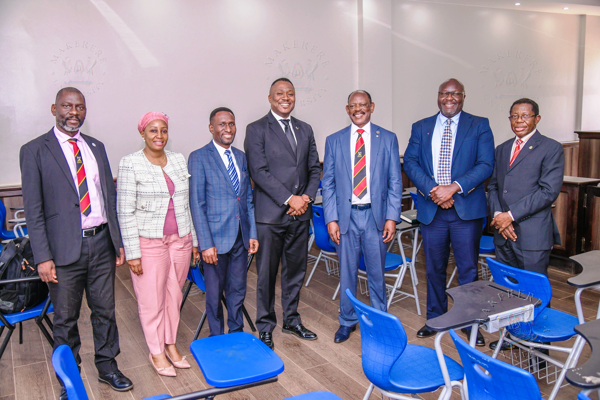 L-R: Prof. Julius Kikooma, Dr. Zahara Nampewo, Mr. Andrew Mwesigwa, Dr. Daniel Ruhweza, Prof. Barnabas Nawangwe, Prof. Ronald Naluwairo and Prof. Buyinza Mukadasi in the Moot Court. The Vice Chancellor, Prof. Barnabas Nawangwe and Management's engagement with the School of Law (SoL) Leadership and Staff, 23rd June 2026, Makerere University, Kampala Uganda, East Africa.