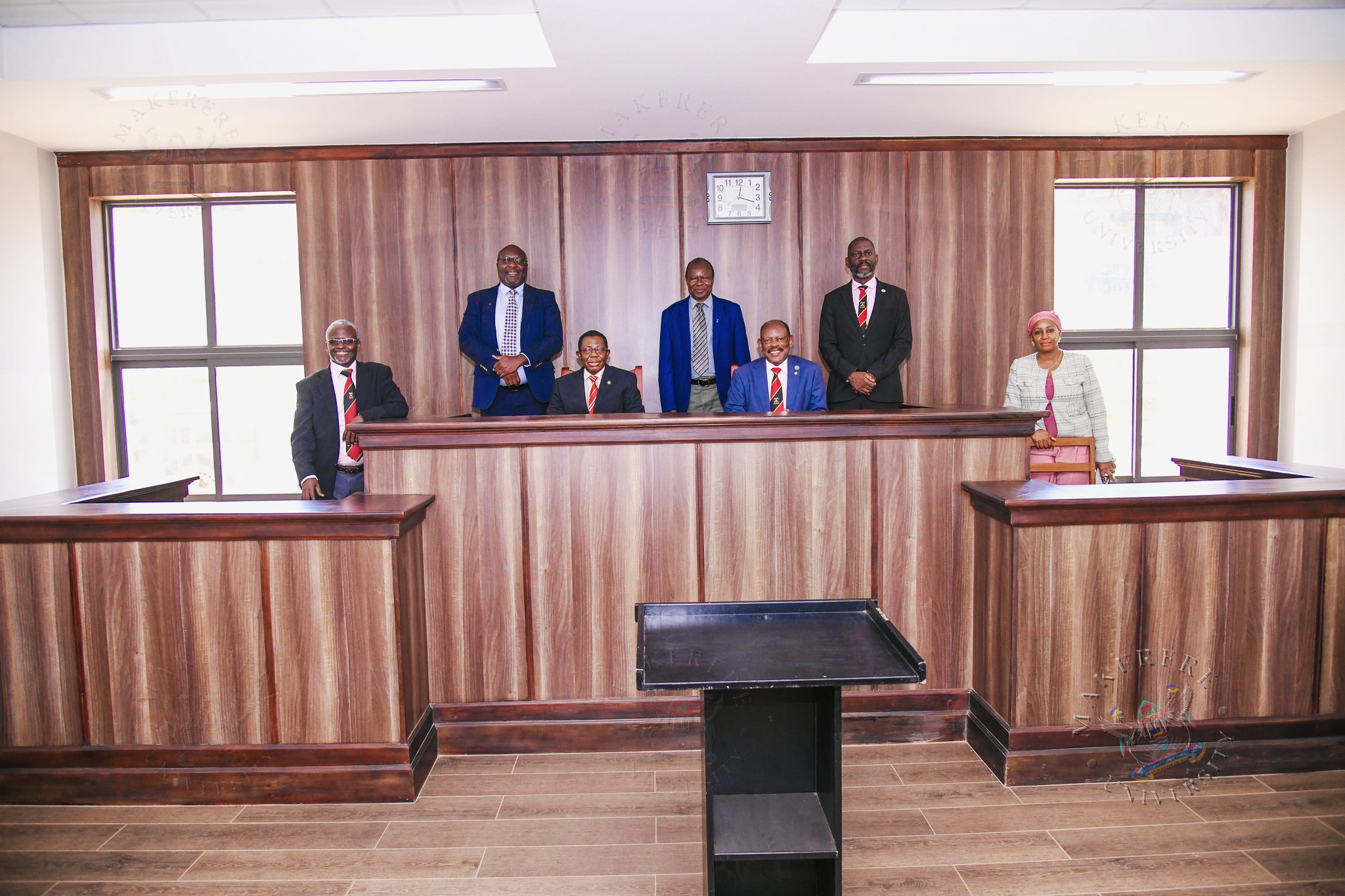 In the Moot Court L-R: Prof. William Tayeebwa, Prof. Ronald Naluwairo, Prof. Buyinza Mukadasi, Prof. Fredrick Muyodi, Prof. Barnabas Nawangwe, Prof. Julius Kikooma and Dr. Zahara Nampewo. The Vice Chancellor, Prof. Barnabas Nawangwe and Management's engagement with the School of Law (SoL) Leadership and Staff, 23rd June 2026, Makerere University, Kampala Uganda, East Africa.